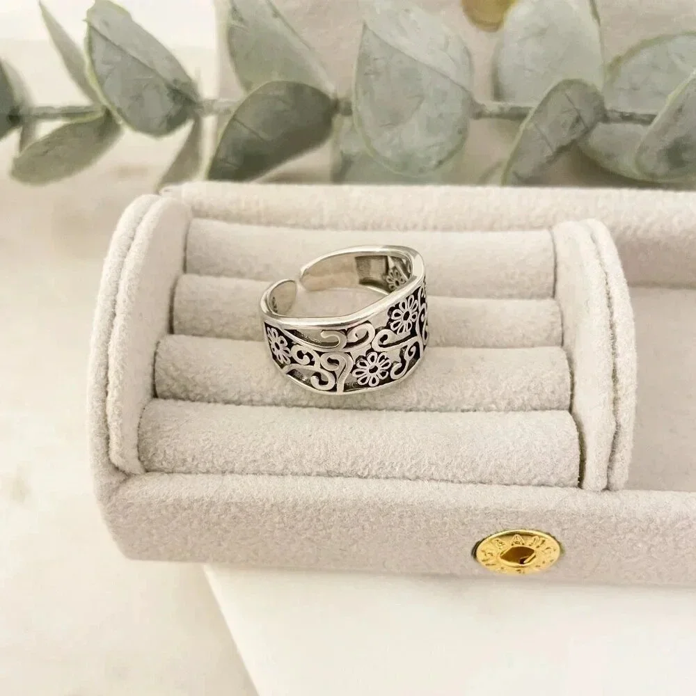925 Sterling Silver Flower Ring Flower Cutout Ring Vintage Floral Ring Resizable
